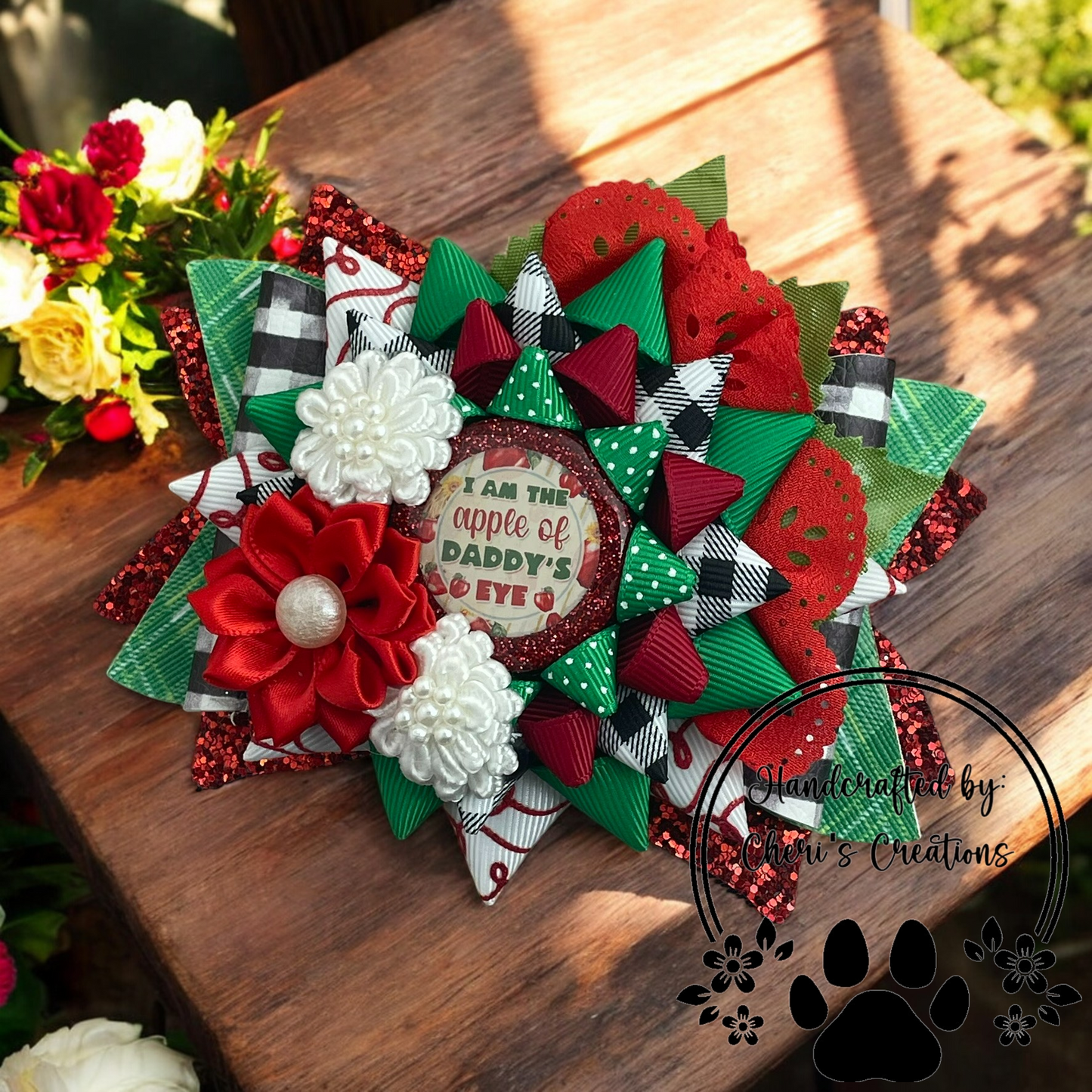 Apple of Daddy's Eye Over the Top Handmade Stacked Faux Leather and Ribbon Hair Bow