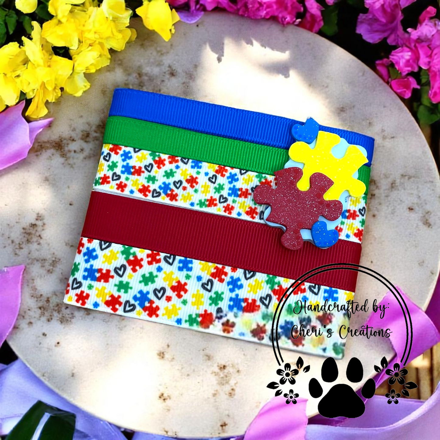 DIY Autism Awareness Clay & Ribbon Kit – Handmade Polymer Clay Puzzle Piece Design for Bow Making, Crafting & DIY Accessories