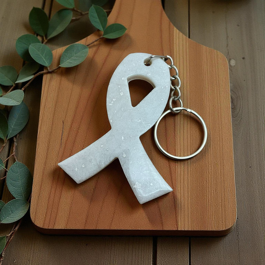 Awareness Ribbon Keychain – Silver White Resin Warrior Support Keychain