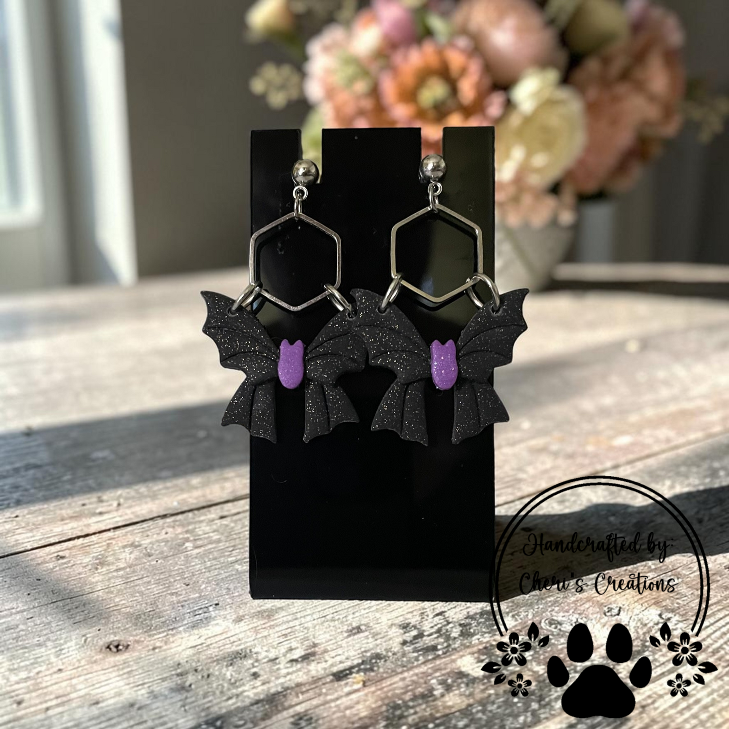 Bat Bow Earrings - Handmade Polymer Clay Dangle Earrings