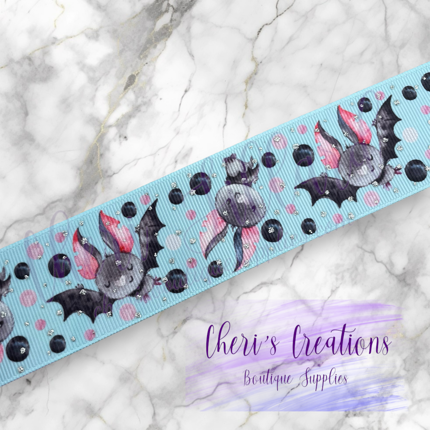 Batty for You Cute Bats on Blue 7/8" 1.5" Grosgrain Ribbon by the Yard