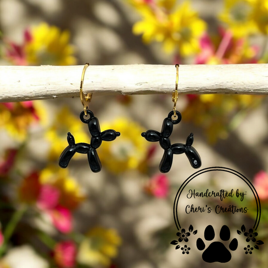 Playful Black Balloon Dog Enamel Dangle Earrings