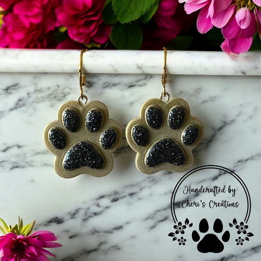 Black & Gold Paw Prints Polymer Clay Dangle Earrings