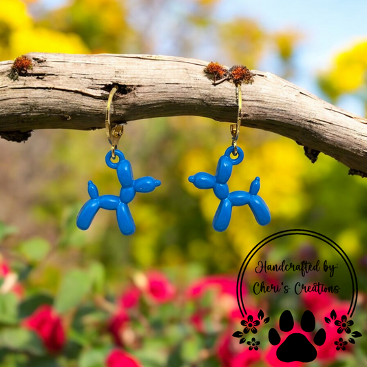 Playful Blue Balloon Dog Enamel Dangle Earrings