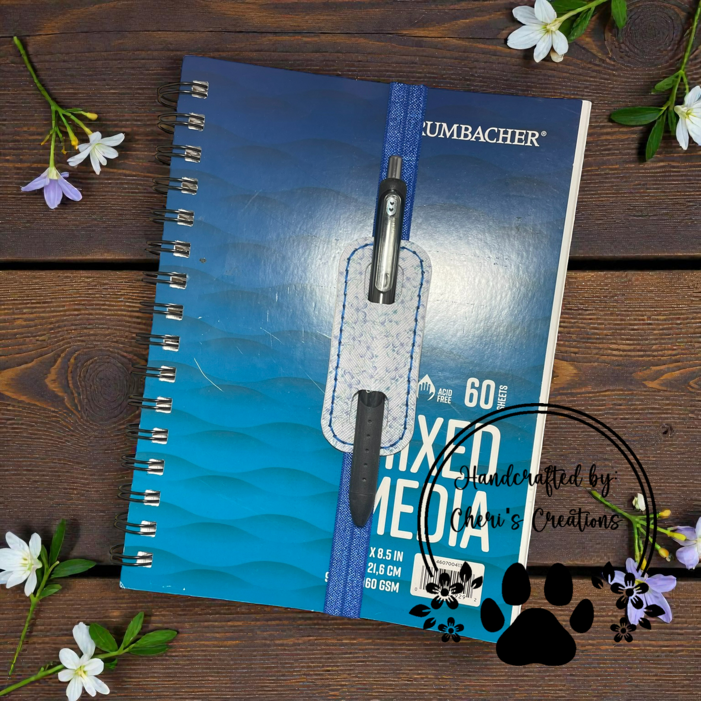 Pen Holder - Blue Floral Elastic Pen Bookmark