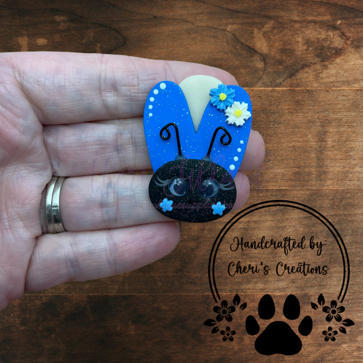Blue Glow Bug Bow Center – Handmade Polymer Clay Embellishment