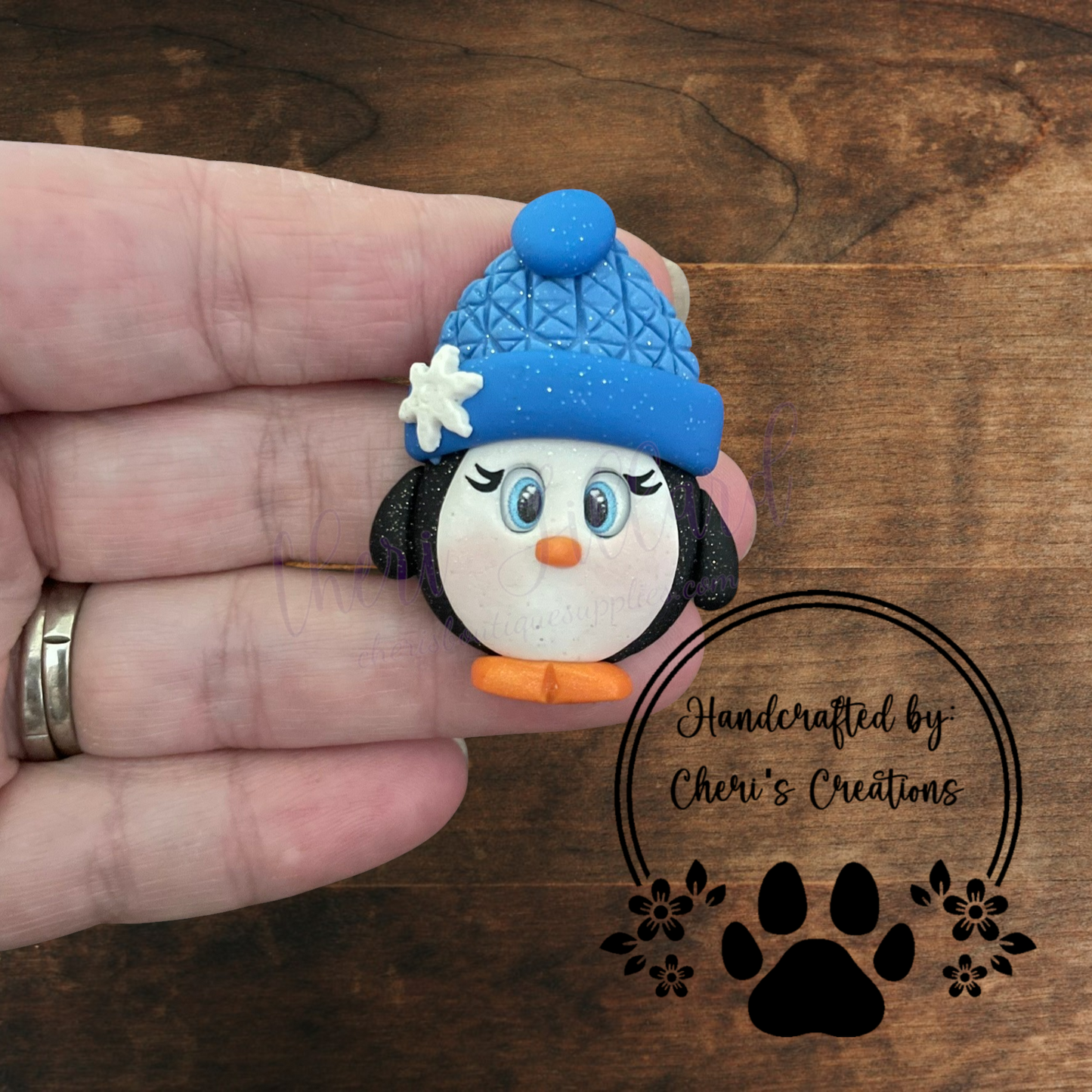 Blue Hat Penguin Bow Center – Handmade Polymer Clay Embellishment