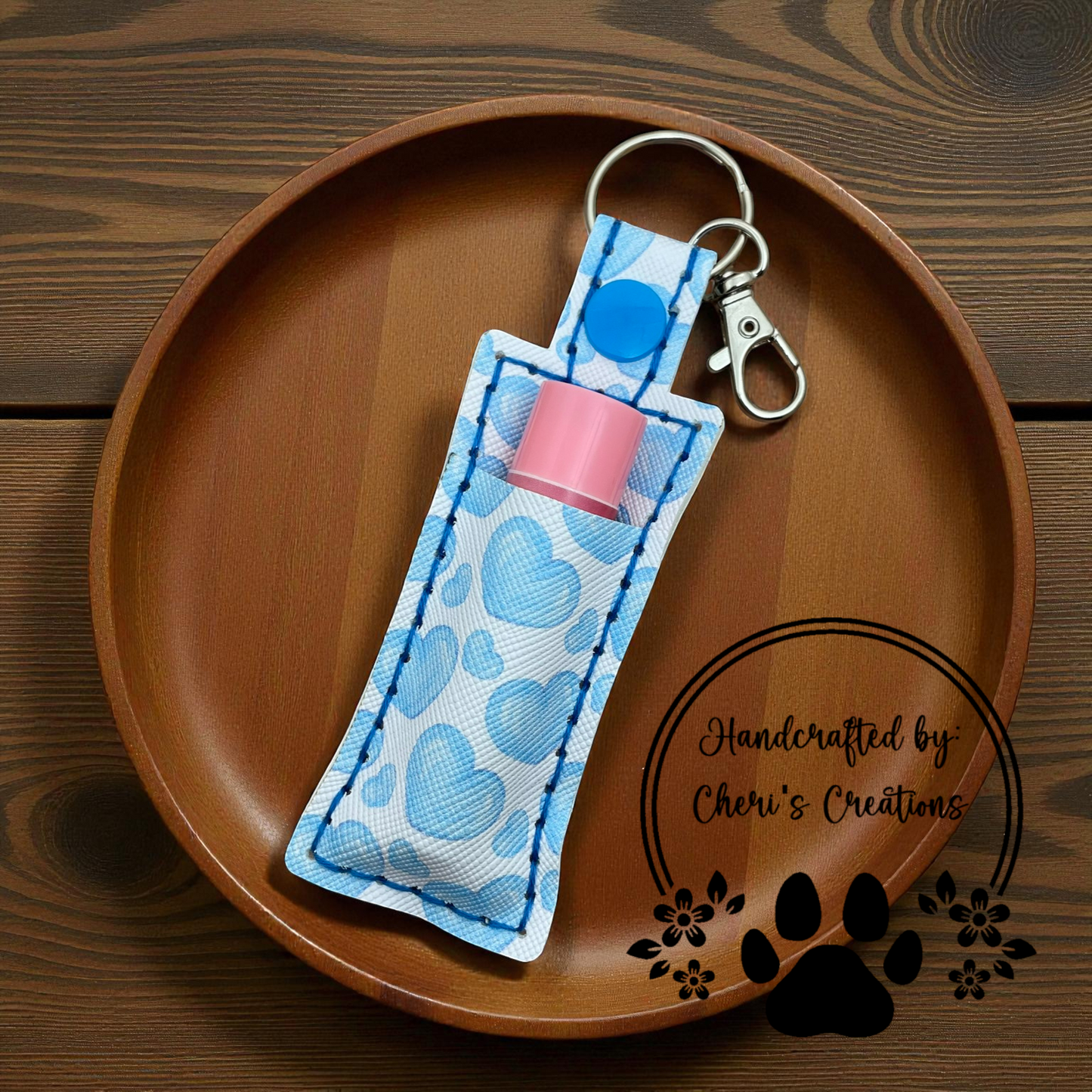 Chapstick Keychain - Scattered Blue Hearts Lip Balm Holder
