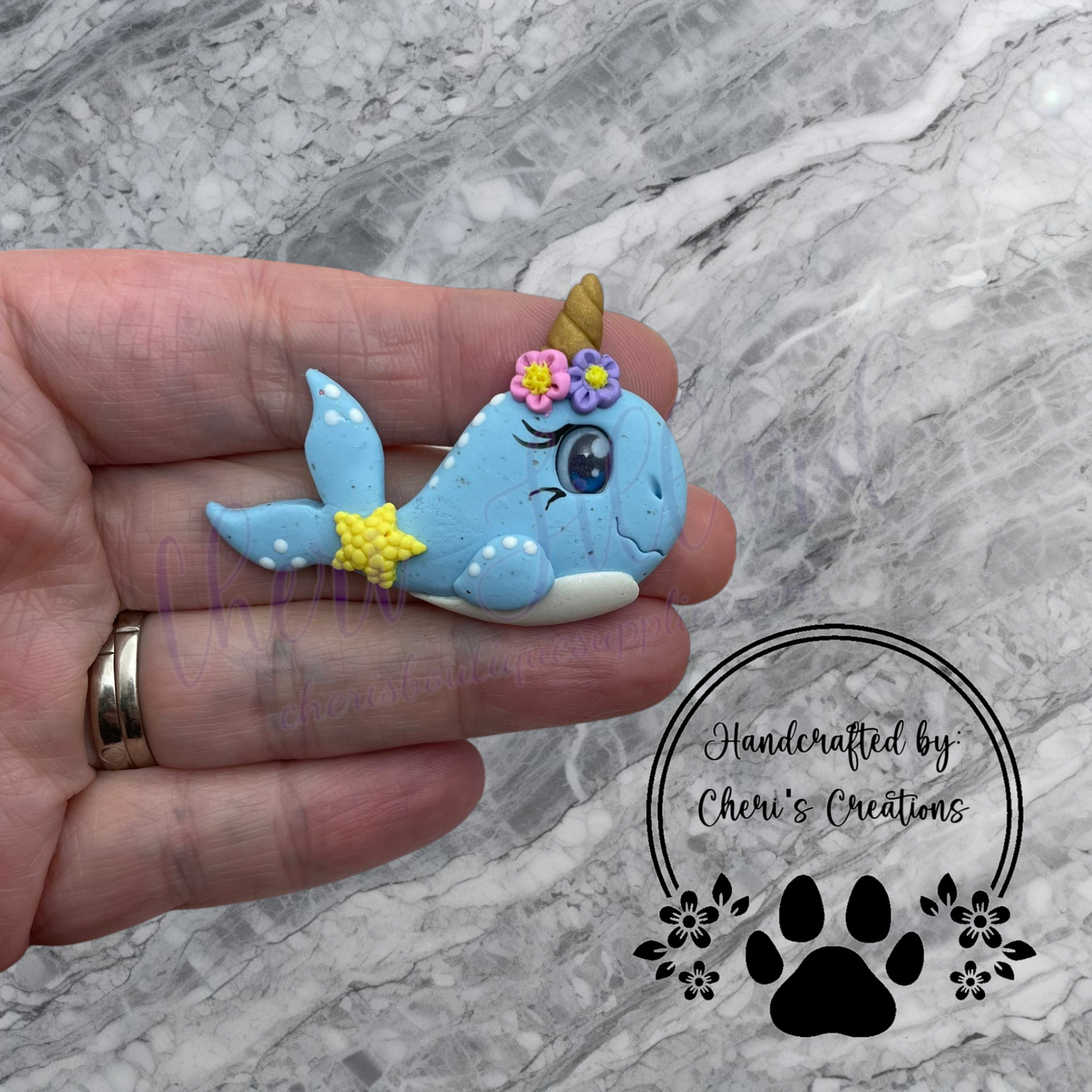 Blue Narwhal Bow Center – Handmade Polymer Clay Embellishment