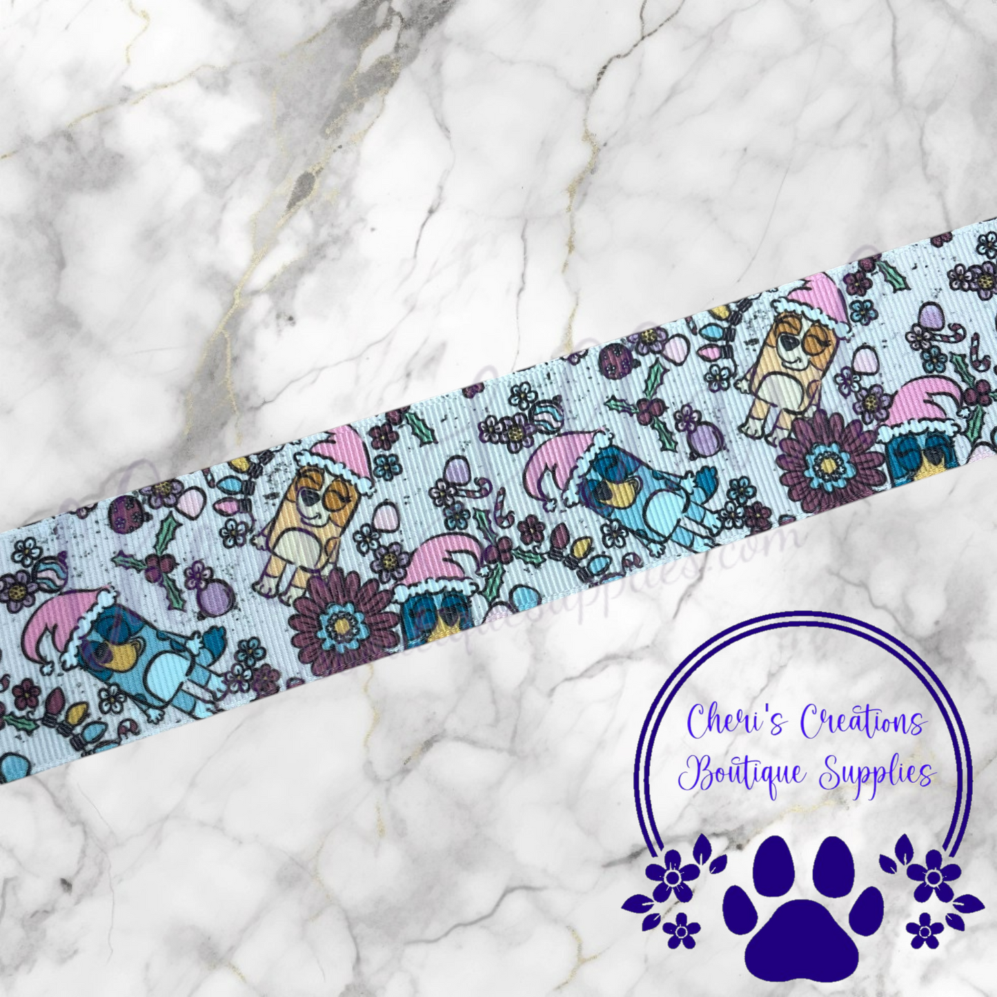 Cute Blue Dog & Friends Ribbon, Cute Christmas Dog Ribbon - 5/8" 7/8" 1.5" Grosgrain Ribbon by the Yard
