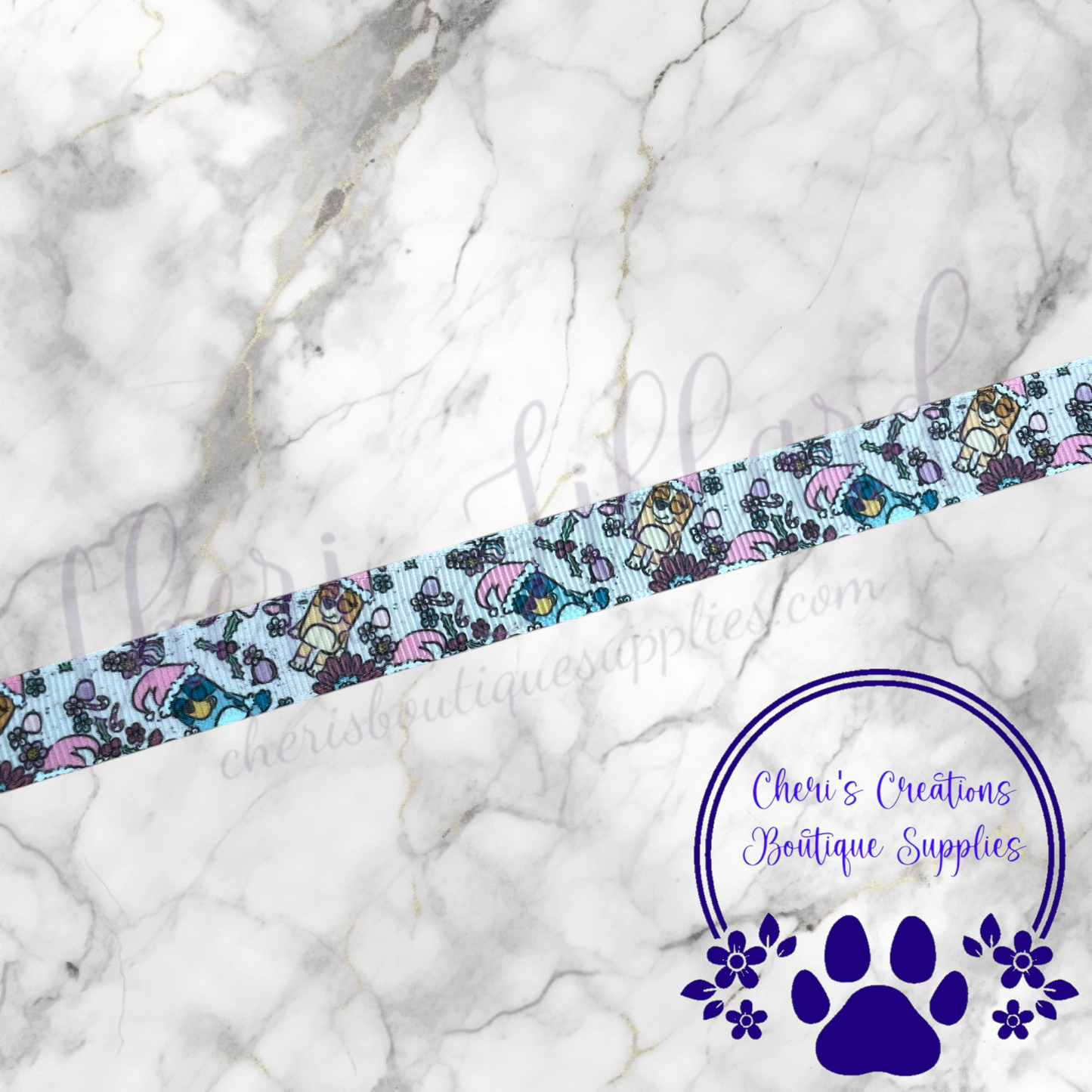 Cute Blue Dog & Friends Ribbon, Cute Christmas Dog Ribbon - 5/8" 7/8" 1.5" Grosgrain Ribbon by the Yard