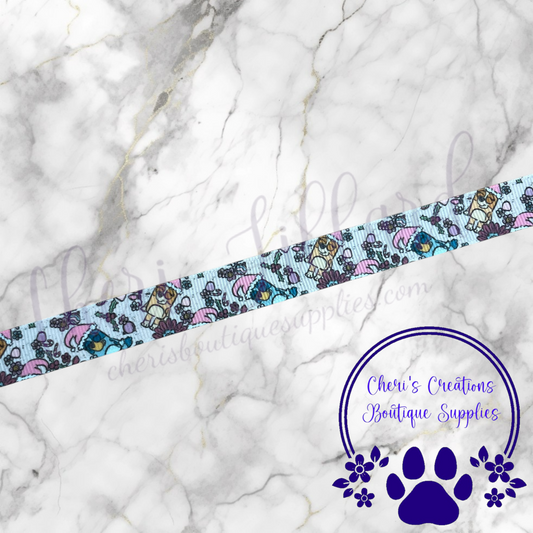 Cute Blue Dog & Friends Ribbon, Cute Christmas Dog Ribbon - 5/8" 7/8" 1.5" Grosgrain Ribbon by the Yard