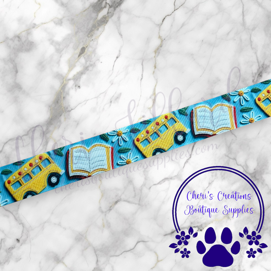 Back to School Books & Busses Ribbon - 5/8" 7/8" 1.5" Grosgrain Ribbon by the Yard