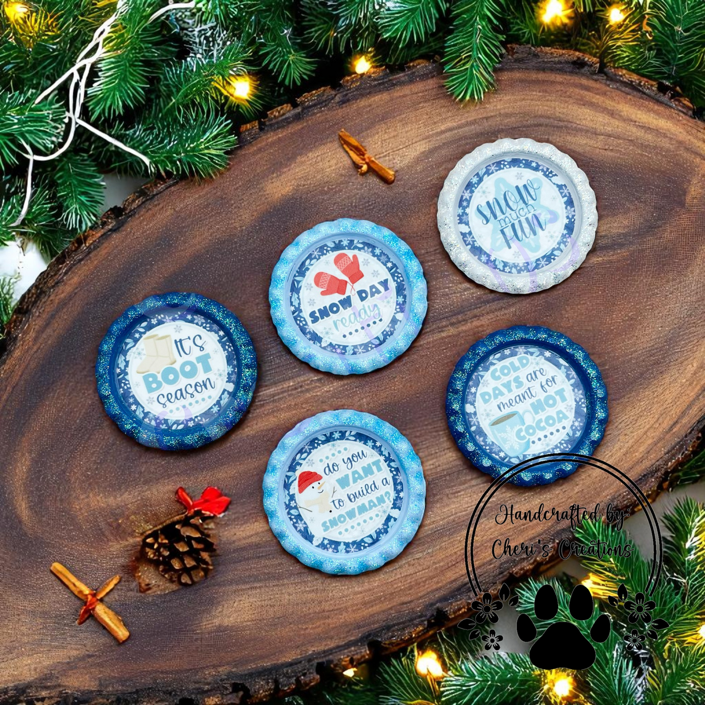 Snow Much Fun Chilly Winter Bottle Cap Set – Handpainted Snowy Blue Embellishments for Bows, Scrapbooking & Winter DIY Crafts