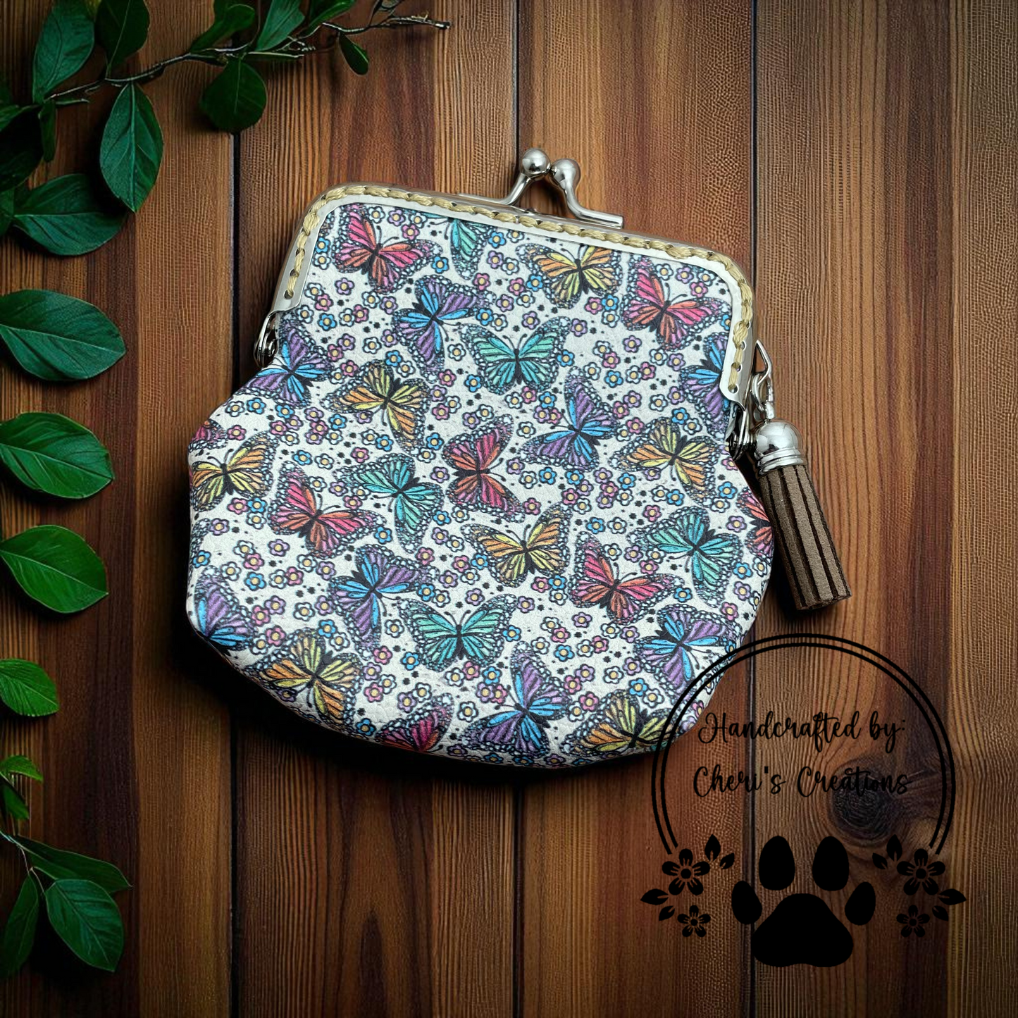 Bright Butterfly Faux Leather Change Purse – Handmade Kiss Clasp Coin Pouch