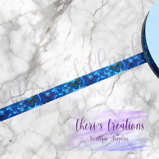 Colorful Butterflies & Flowers on Blue 3/8" 5/8" 7/8" Grosgrain Ribbon by the Yard
