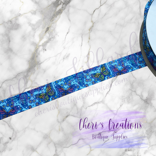 Colorful Butterflies & Flowers on Blue 3/8" 5/8" 7/8" Grosgrain Ribbon by the Yard