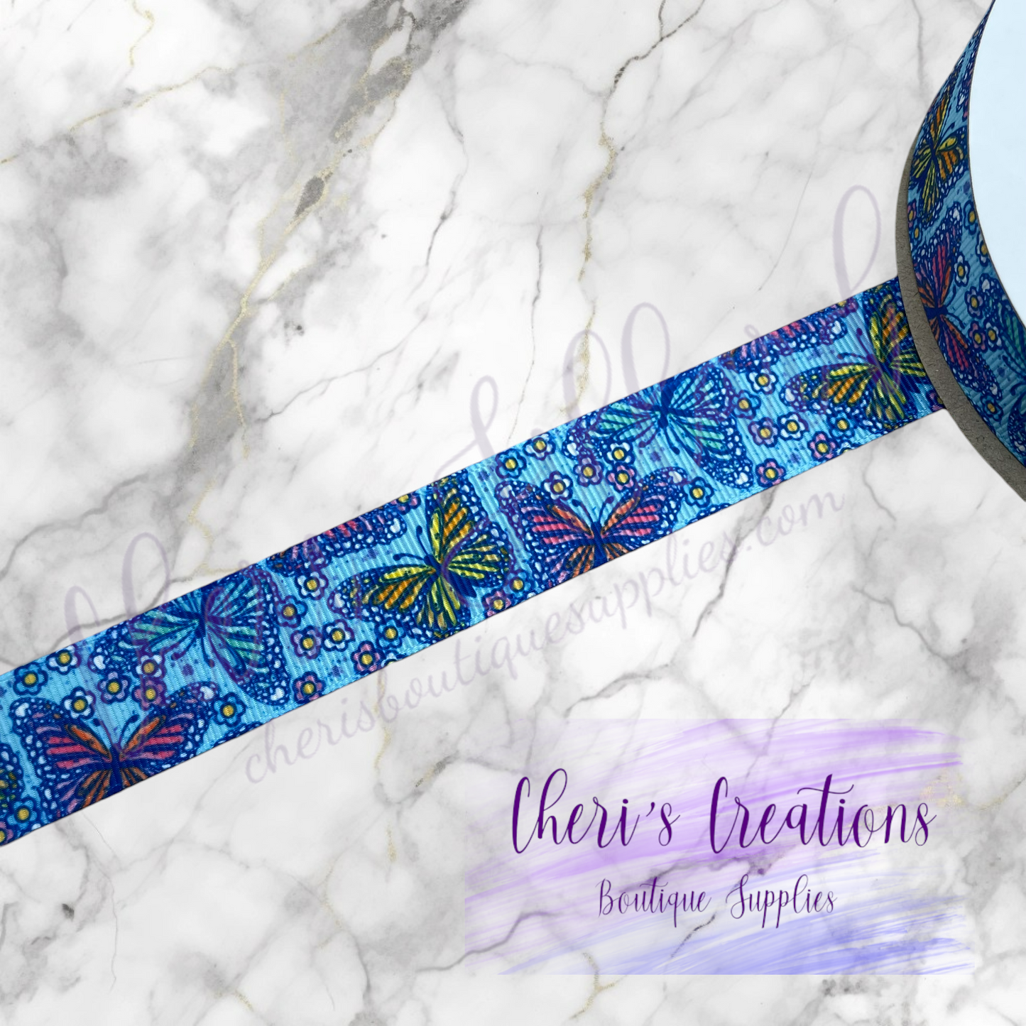 Colorful Butterflies & Flowers on Blue 3/8" 5/8" 7/8" Grosgrain Ribbon by the Yard