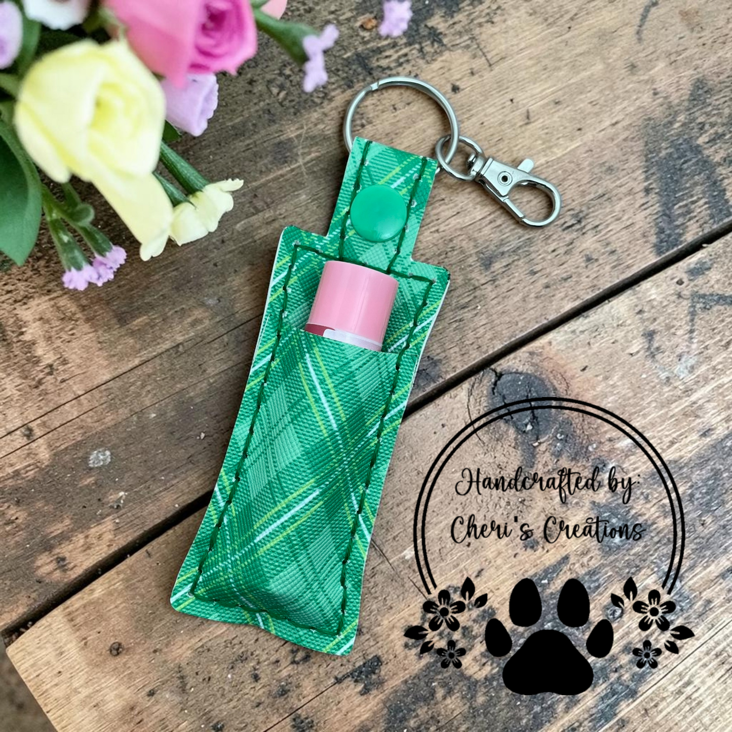 Green Plaid Chapstick Holder Keychain – Lip Balm Holder