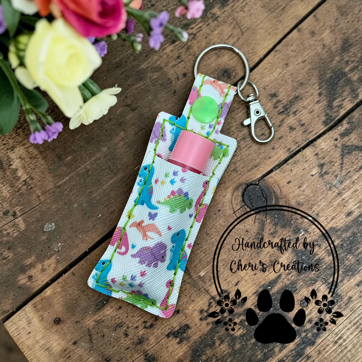 Rainbow Dinosaur Chapstick Holder Keychain – Lip Balm Holder