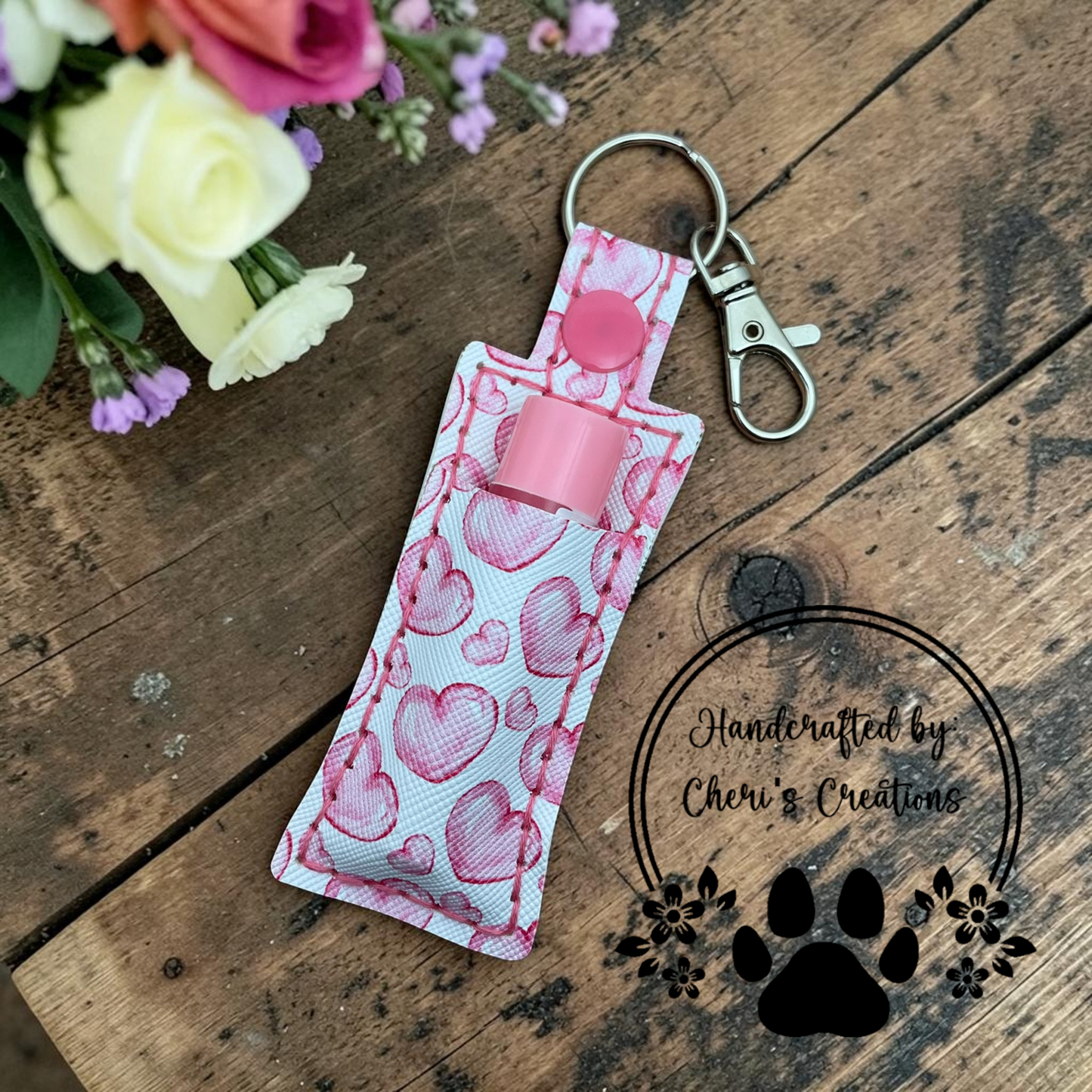 Pink Hearts Chapstick Holder Keychain – Lip Balm Holder