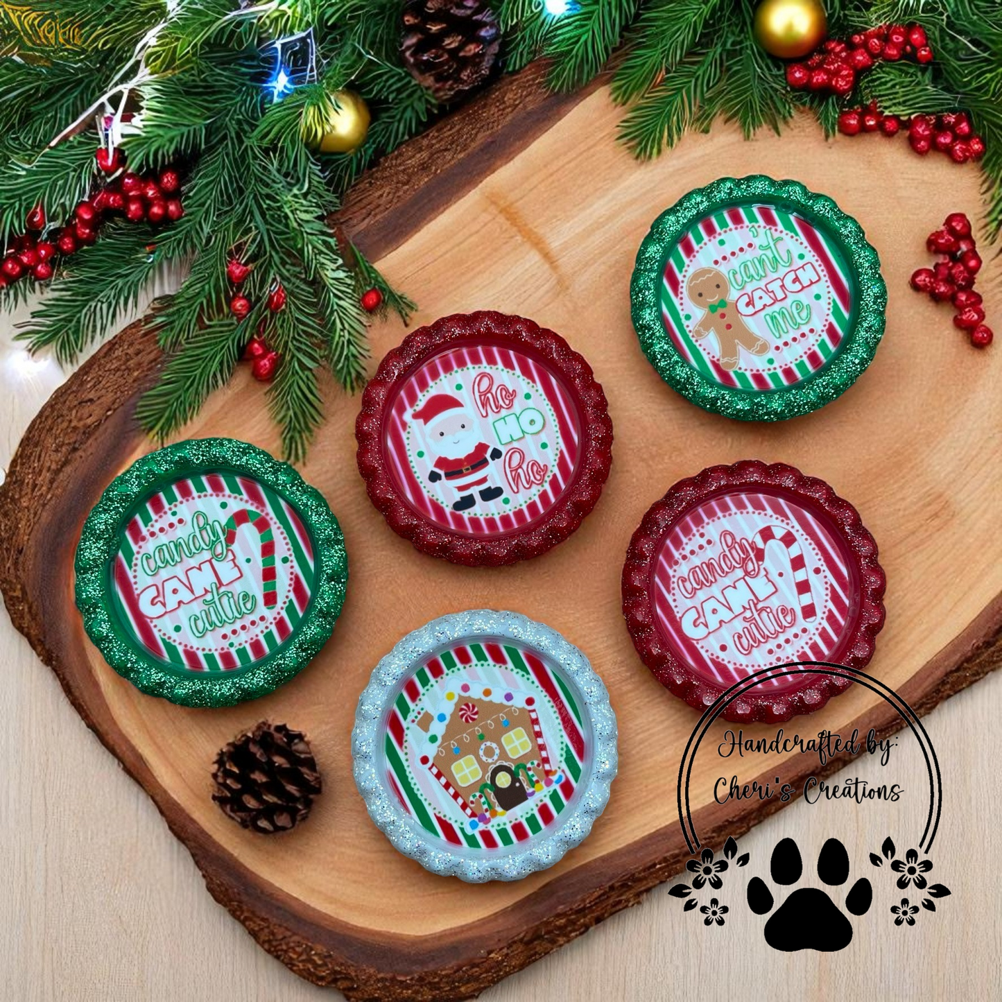 Candy Cane Cutie Bottle Cap Set – Handpainted Christmas Embellishments for Bow Centers, Keychains & DIY Crafts