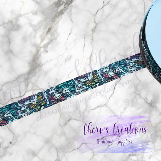 Colorful Butterflies & Flowers on Tan 3/8" 5/8" 7/8" Grosgrain Ribbon by the Yard