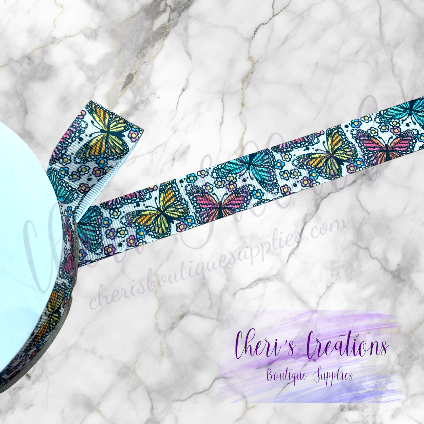 Colorful Butterflies & Flowers on Tan 3/8" 5/8" 7/8" Grosgrain Ribbon by the Yard
