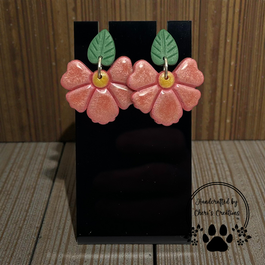 Coral Half Flower Earrings – Leaf Accent Dangles