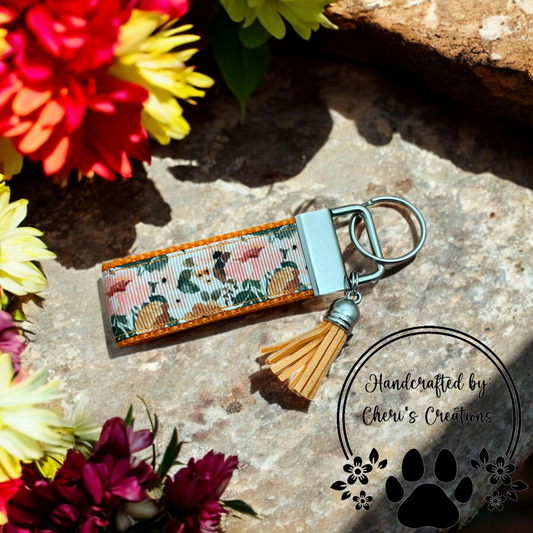 Handmade Country Floral Ribbon Keychain – Soft Peach Floral Keychain – Floral Keychain Gift – Grosgrain Ribbon Keychain