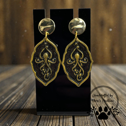 Golden Octopus Dangle Earrings – Handmade Polymer Clay Earrings