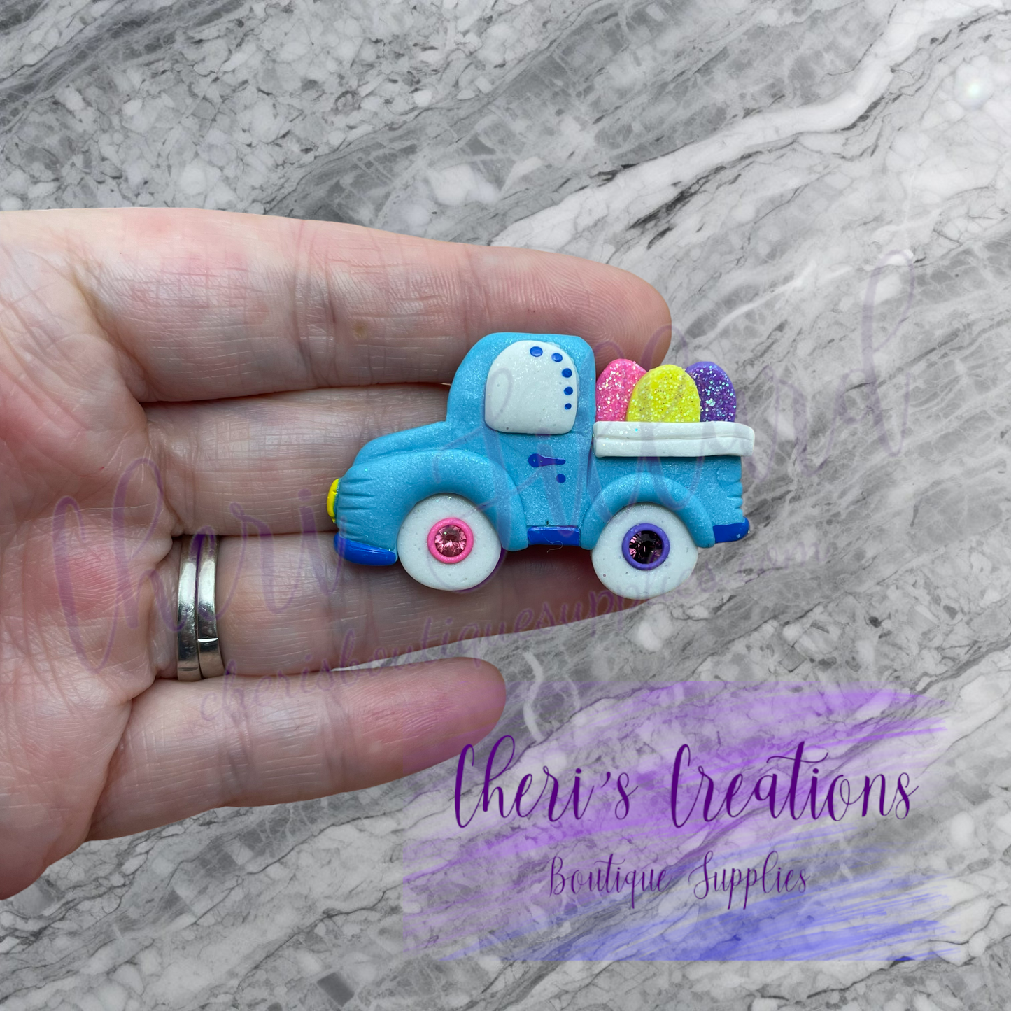 Blue Easter Egg Truck Polymer Clay Embellishment