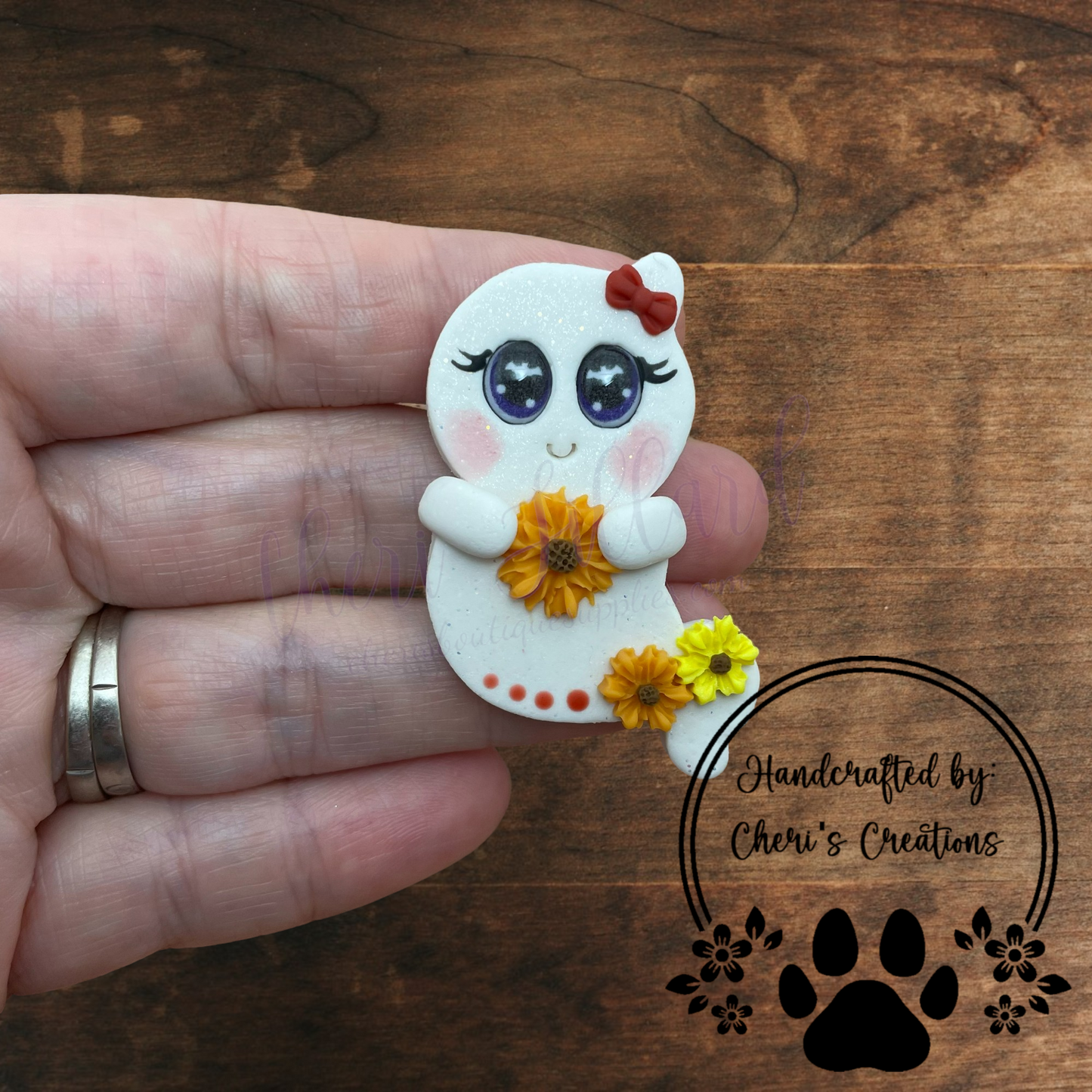 Sunflower Ghost Bow Center – Handmade Polymer Clay Embellishment