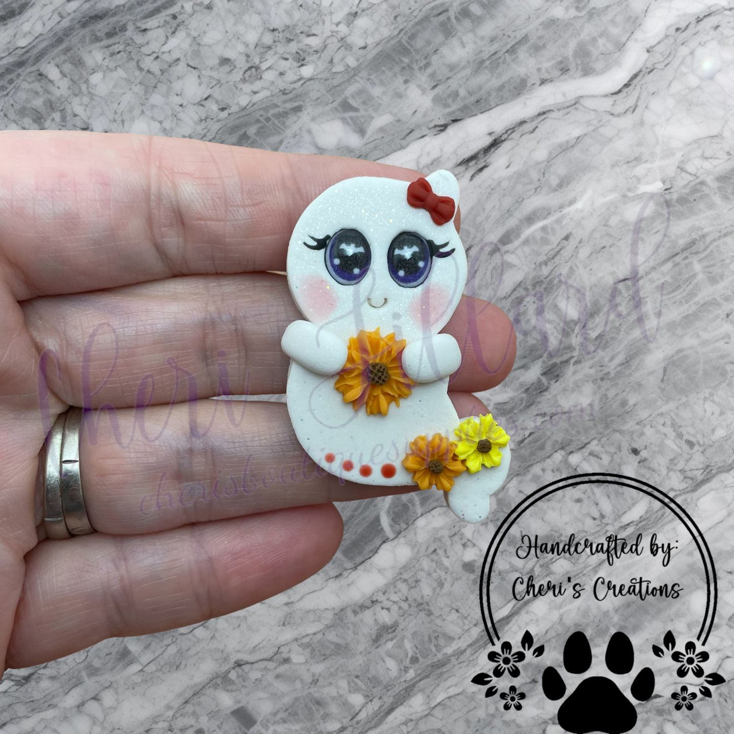 Sunflower Ghost Bow Center – Handmade Polymer Clay Embellishment