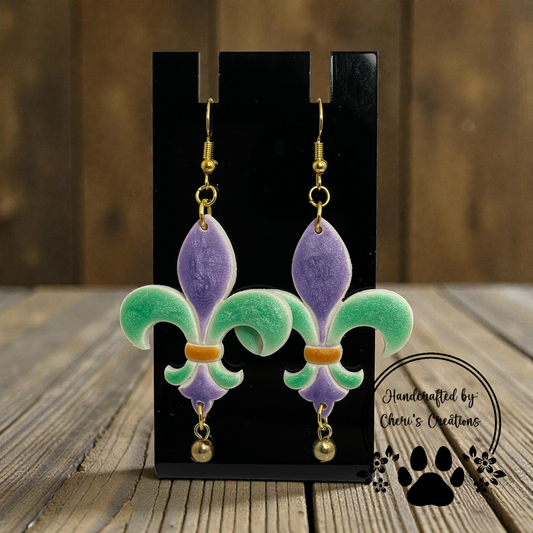 Mardi Gras Fleur de Lis Dangle Earrings – Handmade Polymer Clay Earrings