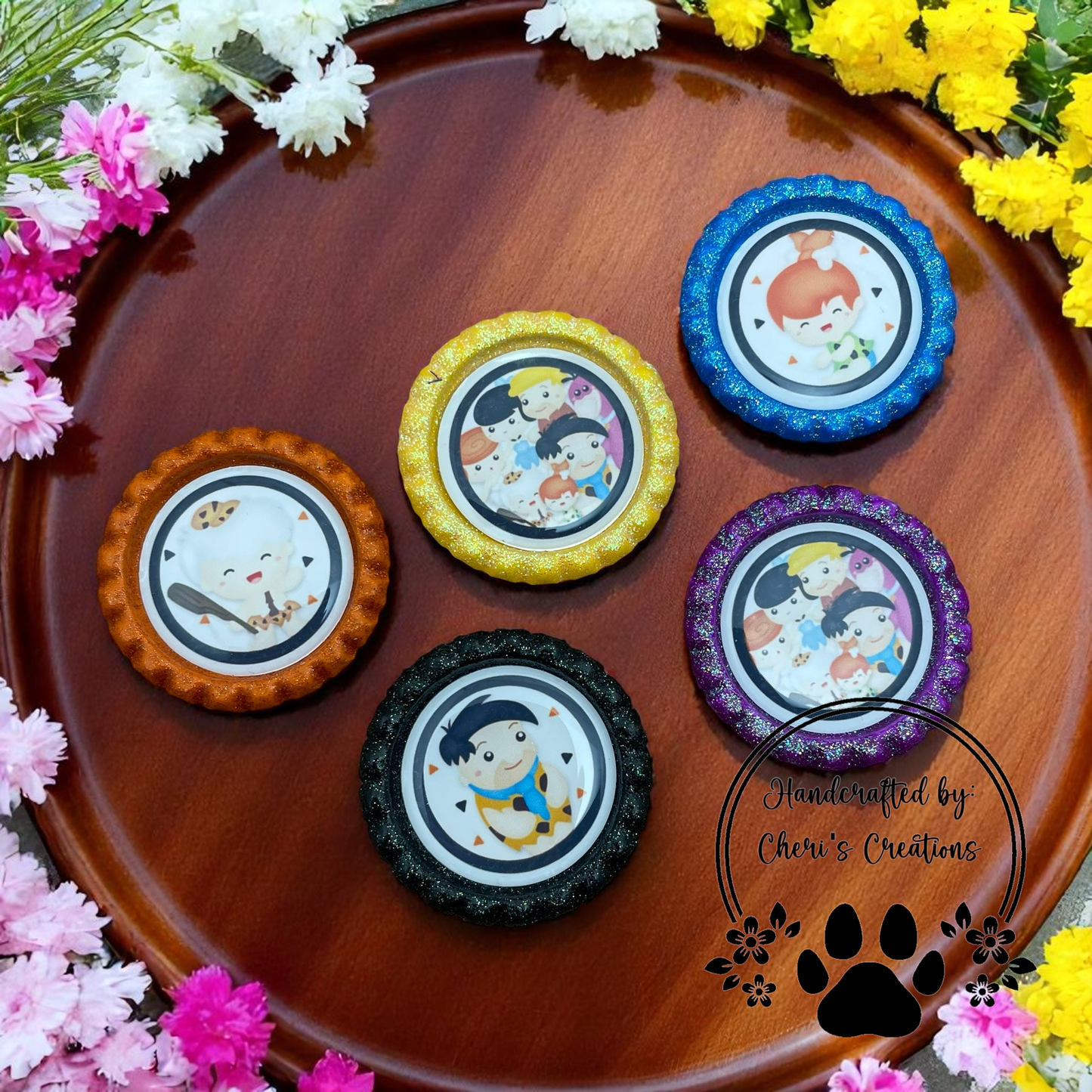 Stone Age Fun Bottle Cap Set – Handpainted Craft Embellishments for Bow Making, Keychains & DIY Projects