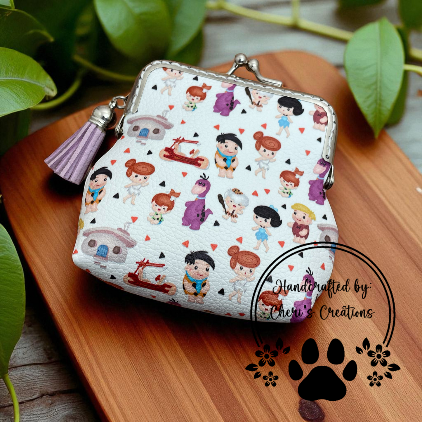 Stone Age Vibes Faux Leather Change Purse – Handmade Kiss Clasp Coin Pouch with Prehistoric Print