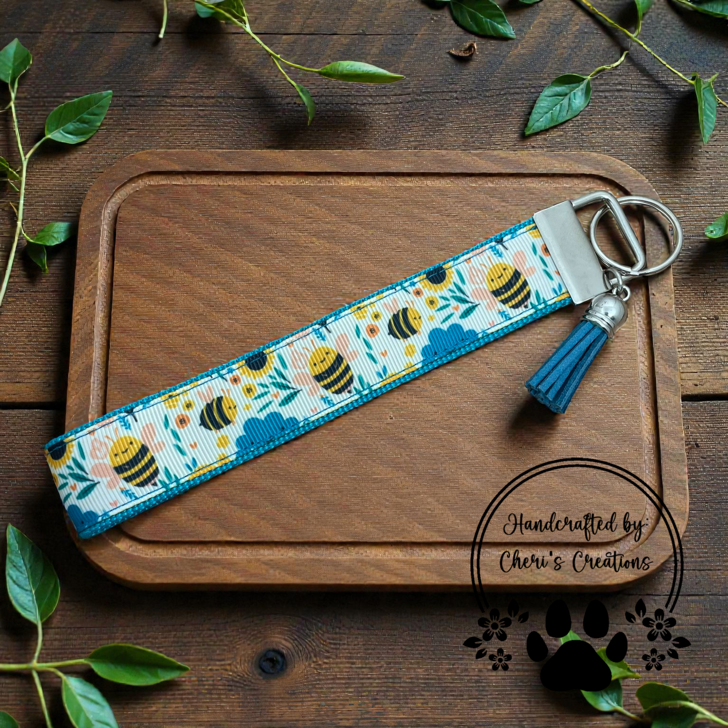 Wristlet Keychain - Floral Bumblebees Key Fob