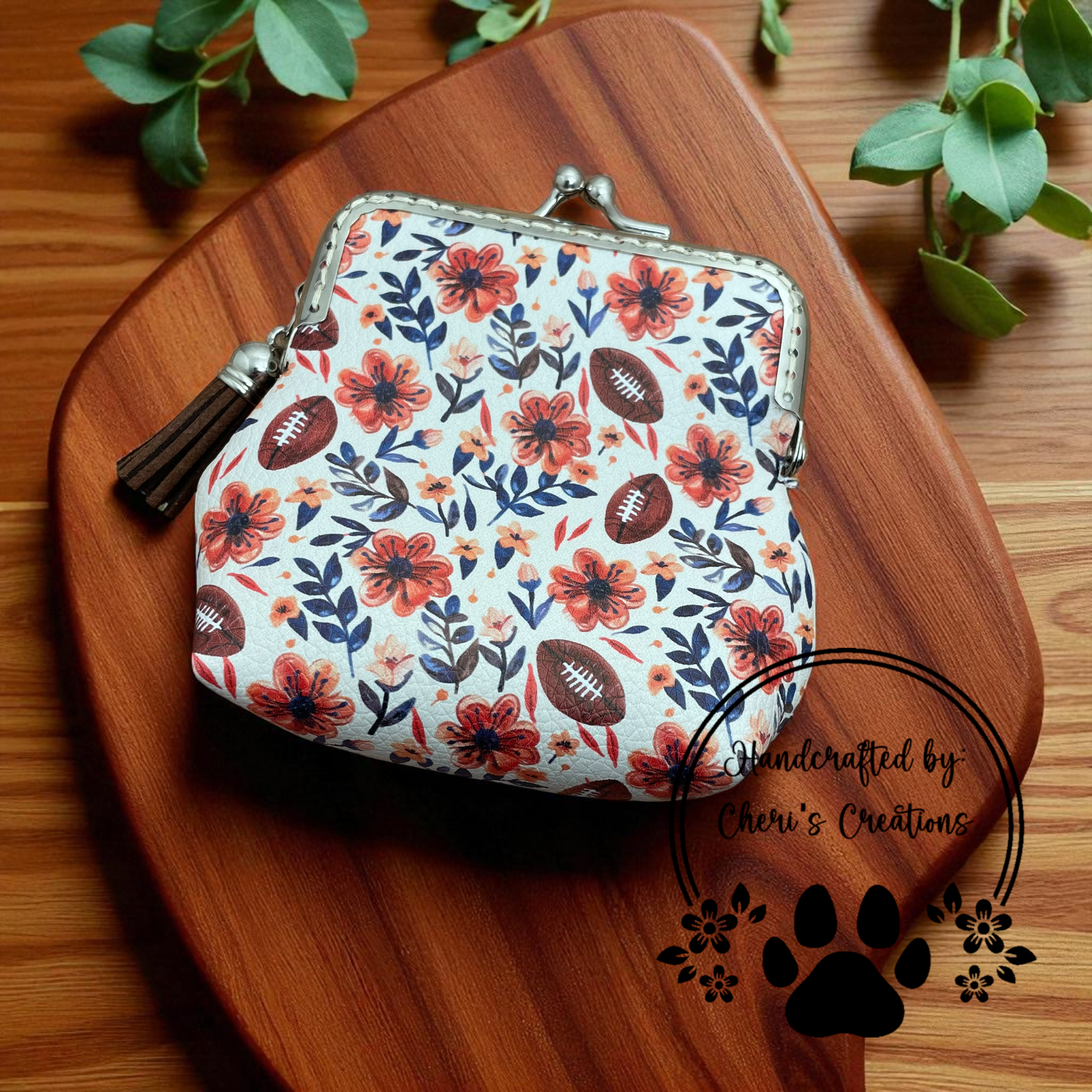 Fall Floral & Football Faux Leather Change Purse – Handmade Kiss Clasp Coin Pouch