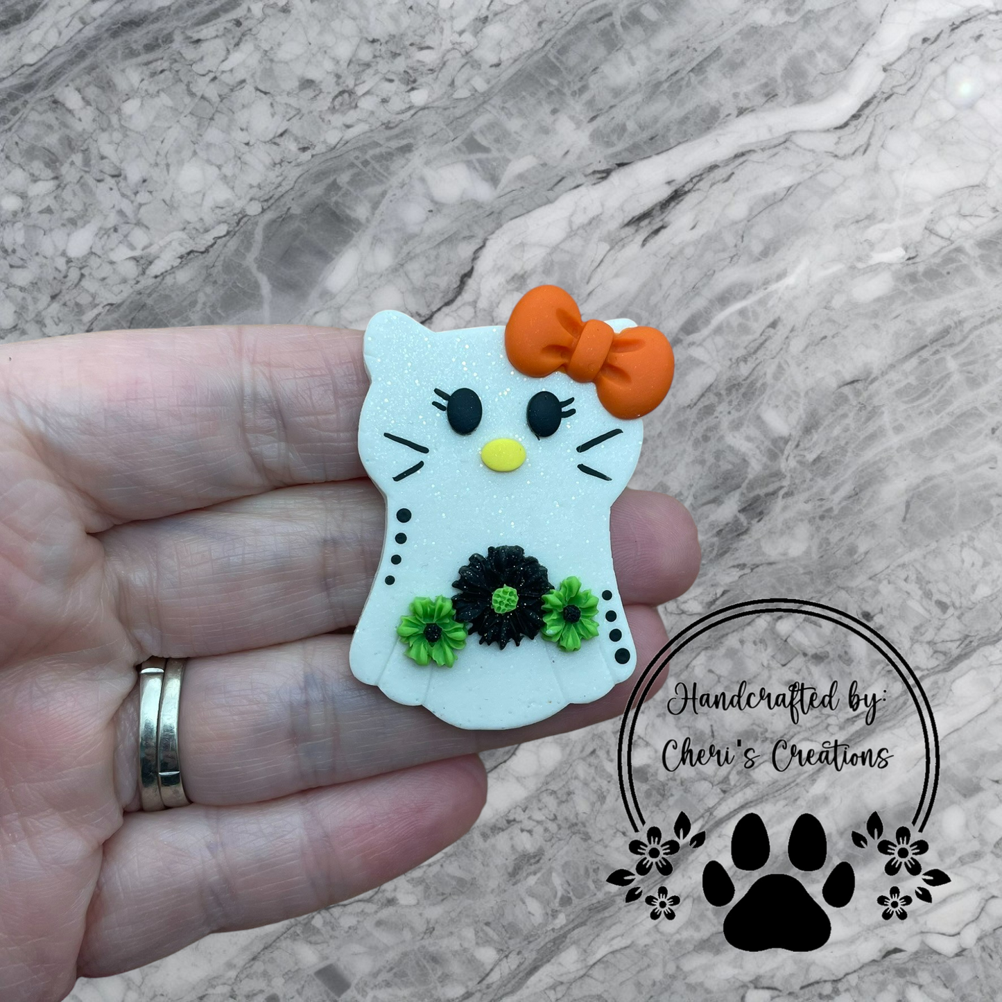 Spooky Floral Ghost Cat Polymer Clay Embellishment