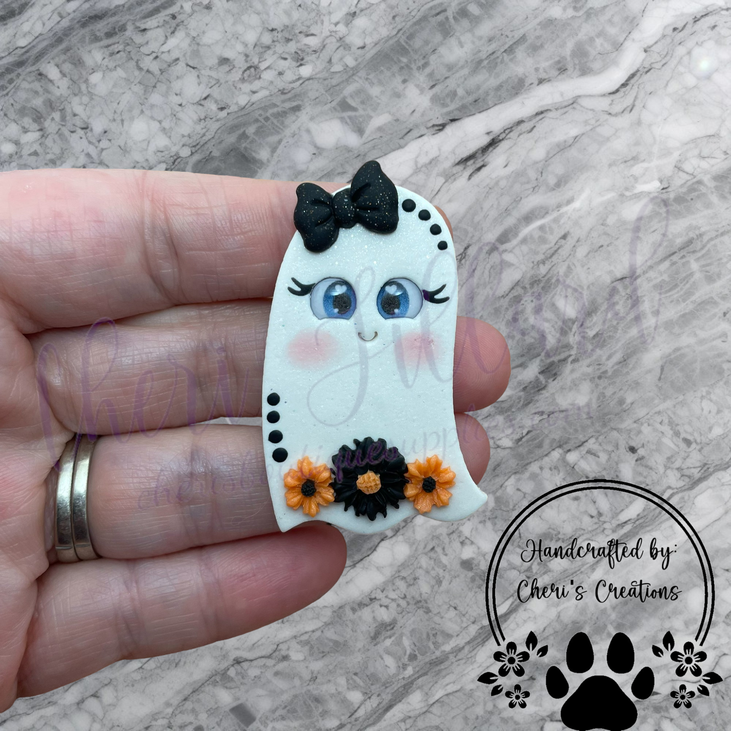Orange & Black Floral Ghost Bow Center – Handmade Polymer Clay Embellishment