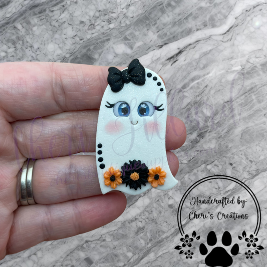 Orange & Black Floral Ghost Bow Center – Handmade Polymer Clay Embellishment