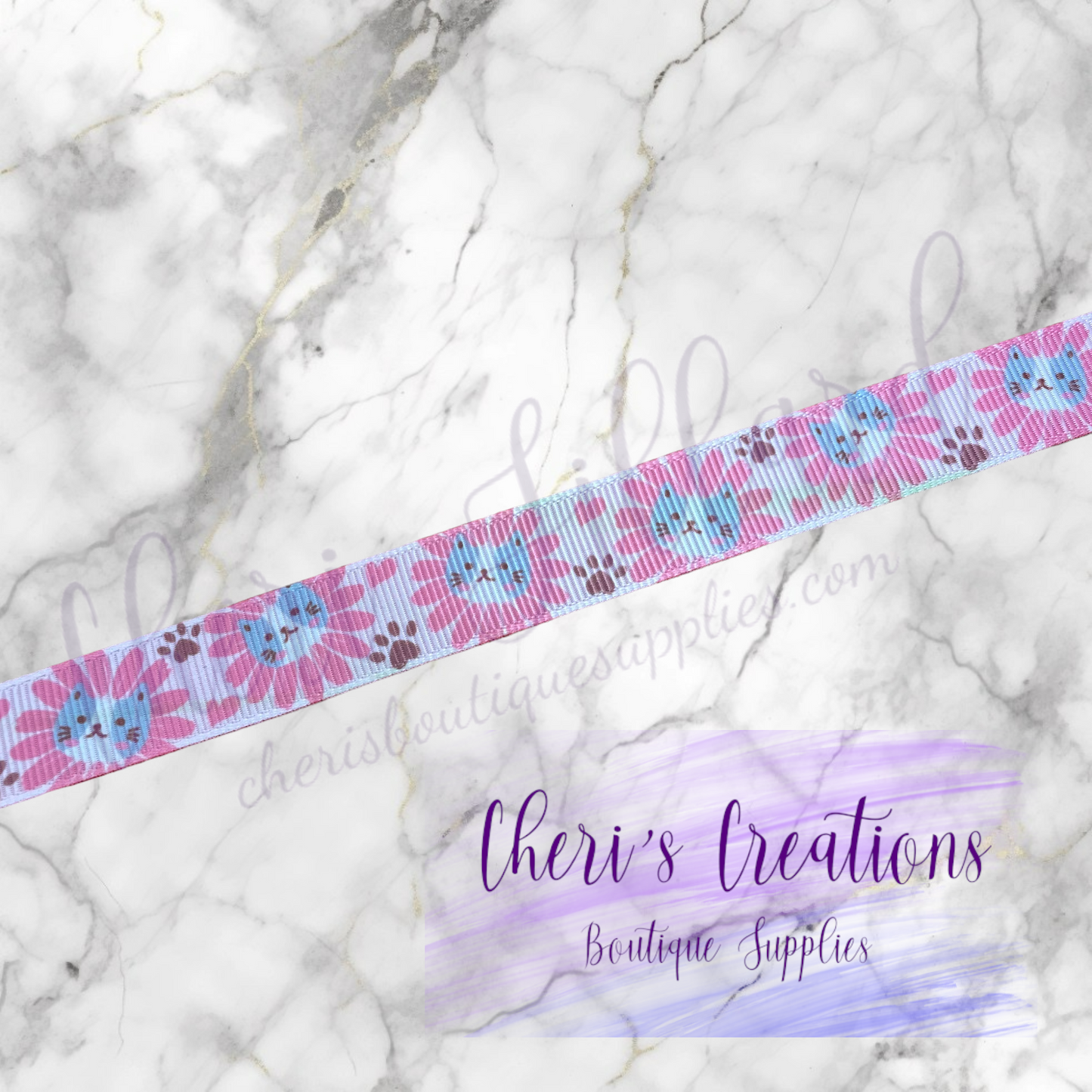 Retro Flower Cat 5/8" 7/8" Grosgrain Ribbon by the Yard