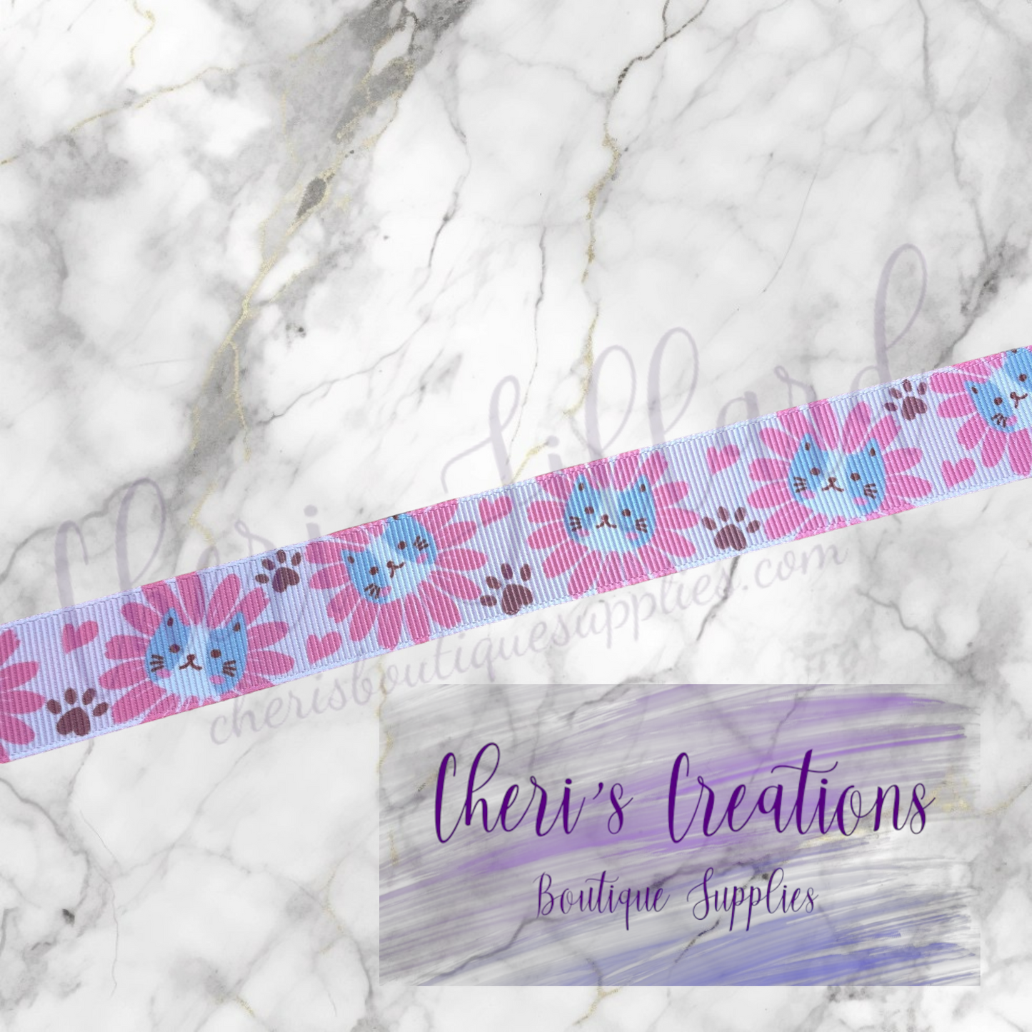 Retro Flower Cat 5/8" 7/8" Grosgrain Ribbon by the Yard
