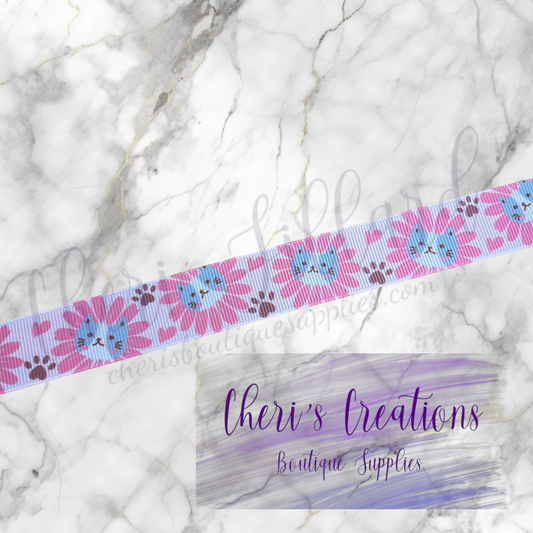 Retro Flower Cat 5/8" 7/8" Grosgrain Ribbon by the Yard