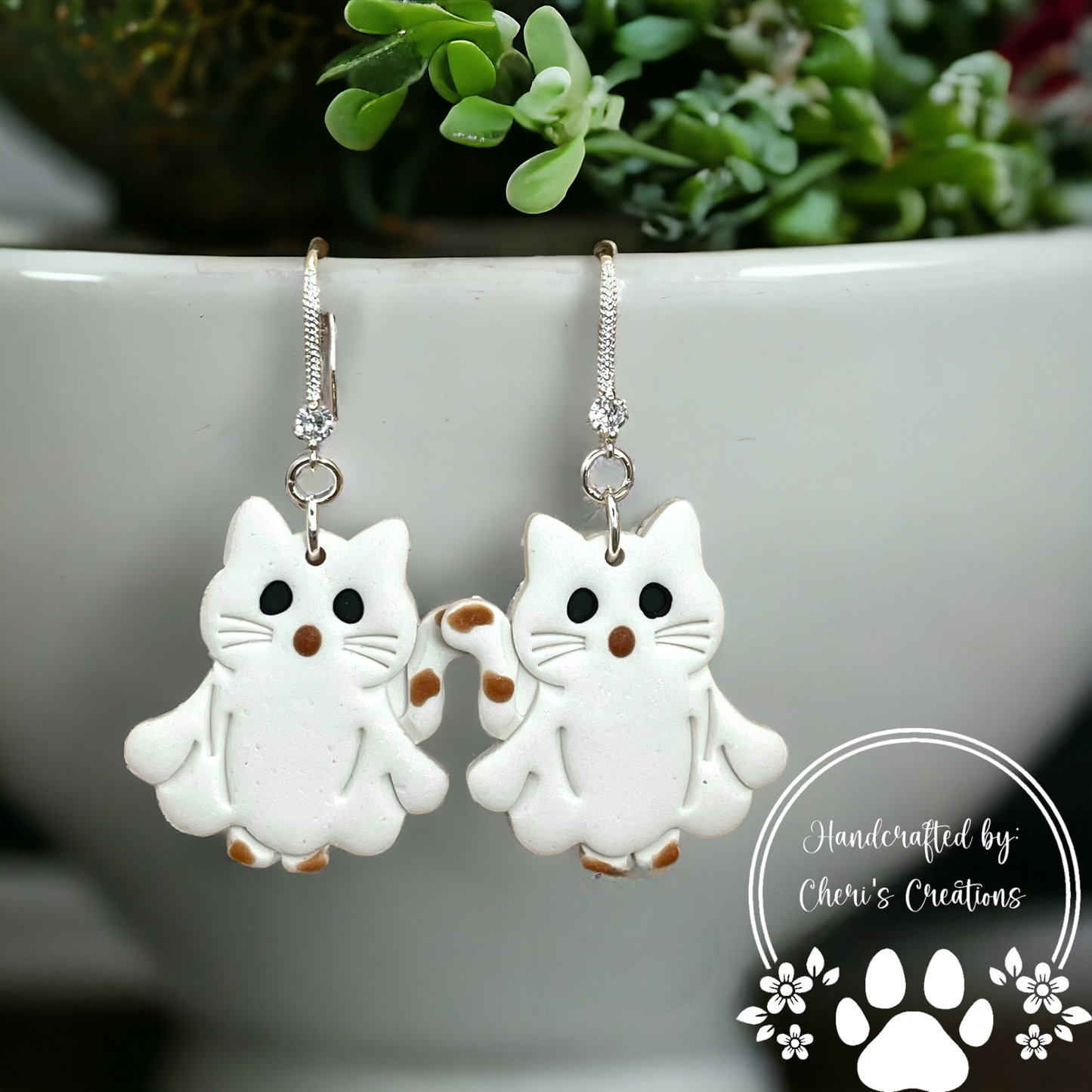 Spooky Halloween Ghost Kitties Polymer Clay Dangle Earrings