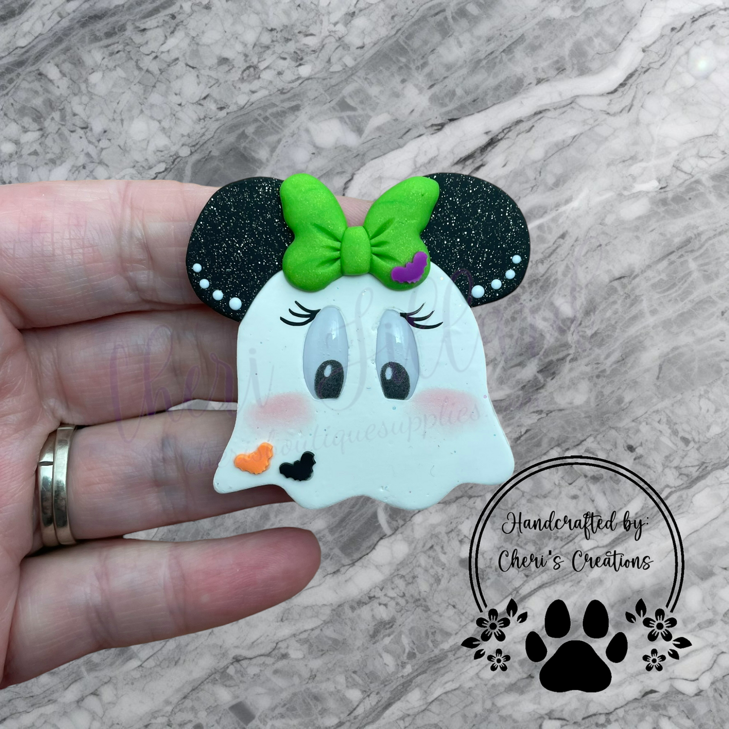 Ghost Mouse Bow Center – Handmade Polymer Clay Embellishment