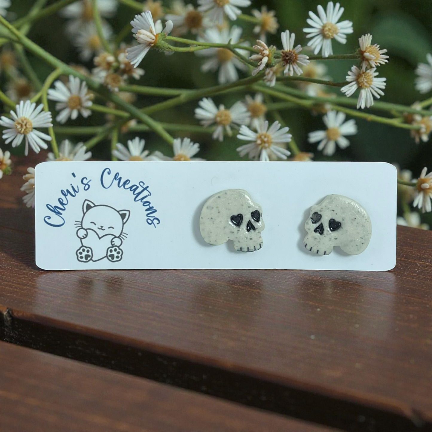 Granite Skull Studs – Handmade Polymer Clay Earrings