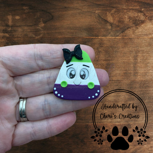 Green & Purple Candy Corn Bow Center – Handmade Polymer Clay Embellishment