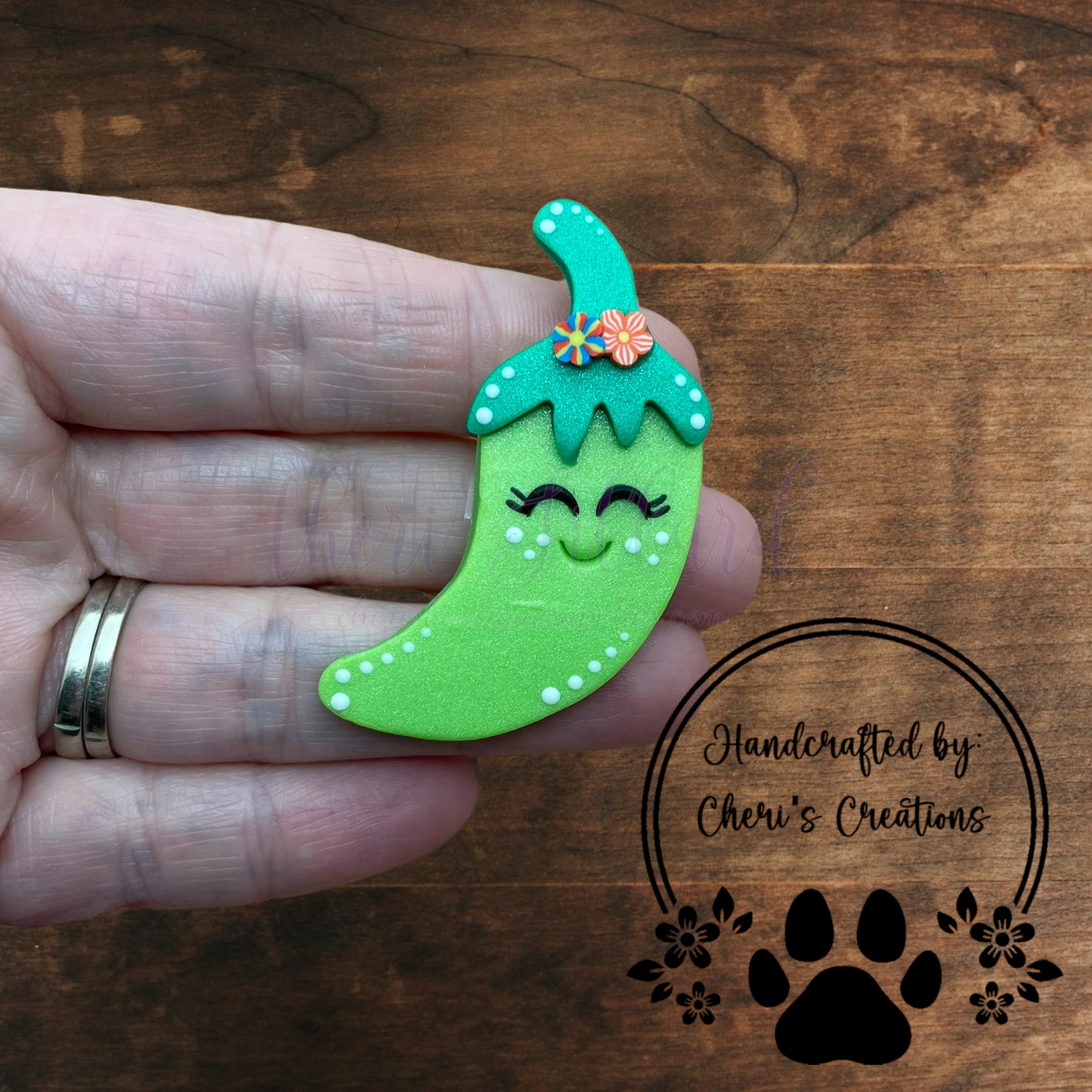 Green Chili Pepper Bow Center – Handmade Polymer Clay Embellishment